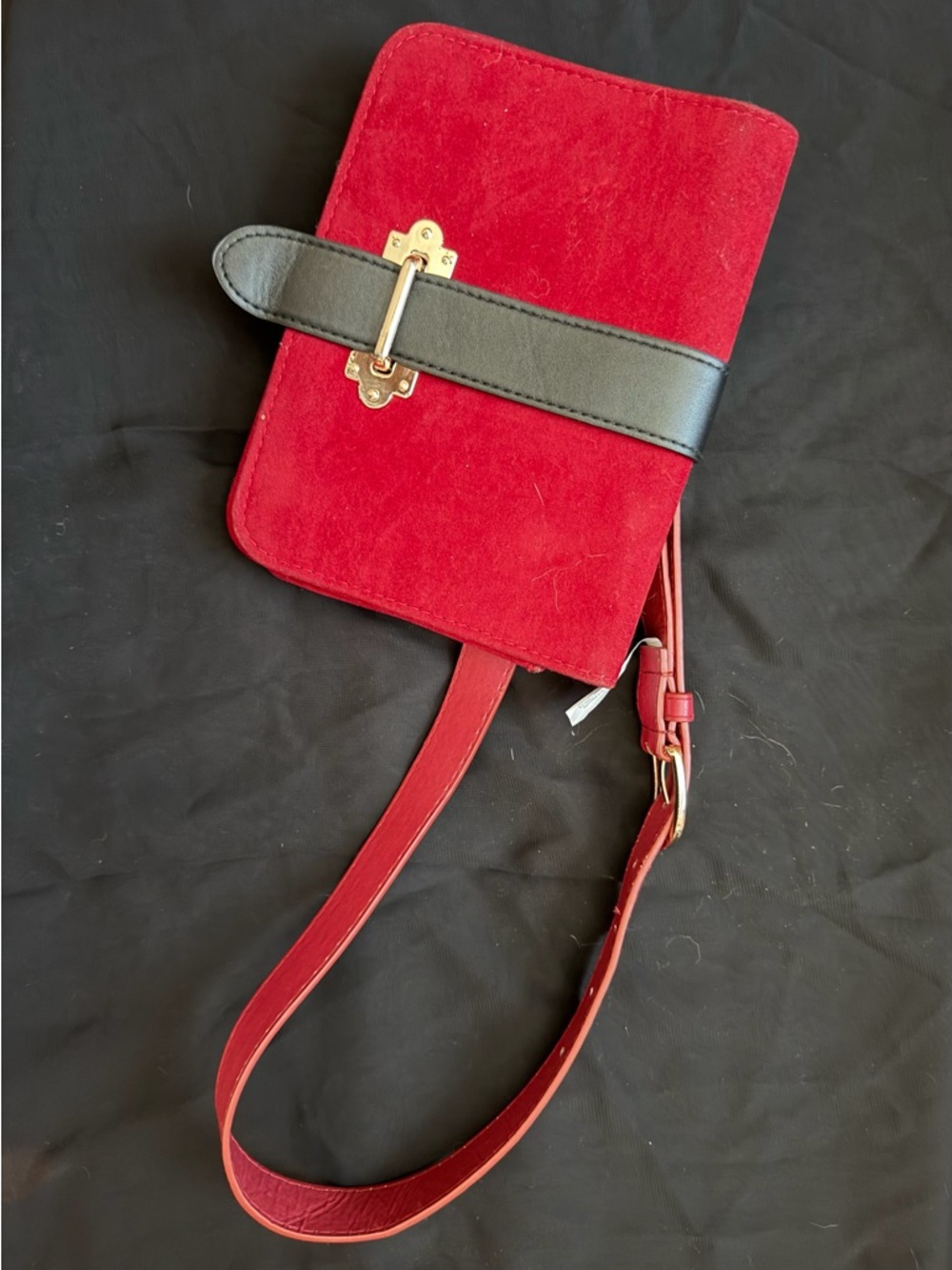 Fashion Nova Burgundy Suede Crossbody Bag with Black Strap Detail